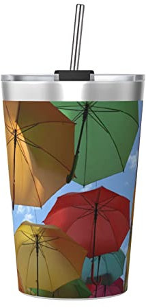 Allocs Farbige Regenschirme, 340 ml, isolierter Edelstahlbecher mit Deckel und Strohhalm, ideal für heiße und kalte Getränke – Wein, Champagner, Kaffee, Eis
