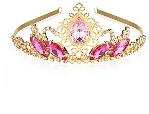 hengkaixuan Hübsche Tiara Krone Rosa Strass Tiara Fee Braut Kopfstück Geburtstag Halloween Gold Krone Weihnachten Prinzessin Krone Tangled Kostüm Süßes Geschenk für Mädchen Frauen