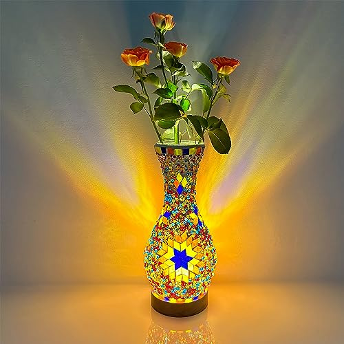 JAITAIK Mosaik-Vasenlampe, türkische marokkanische Tischlampe, Bunte, handgefertigte Glasvase mit Holzsockel für Blumen, USB-Ladegerät, Deko-Licht für Schlafzimmer, Wohnzimmer, Bauernhaus