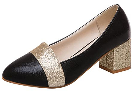 Slip On Glitter Spakle Party Ballet Pumps for Women Low Mid Block Heel Smart Work Vintage Shoes Chunky Dress Court Shoes UK Size 5 Black