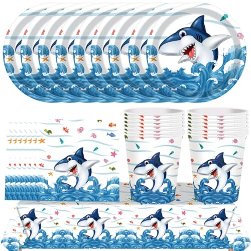 KJoet Vajilla de Tiburón,49 Piezas Vajilla de Fiesta Marina,Tiburón Vajilla Cumpleaños,Platos,Vasos de Papel,Servilletas de Papel,Manteles,Vajilla de Fiesta Temática,Adecuado para 16 Personas