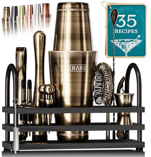 BARE BARREL® Mixology Kit de bar pour barman | Ensemble shaker à cocktail 14 pièces | Outils de mélange pour barman à domicile | 35 cartes de recettes | Coffret cadeau (shaker Boston de 800 ml,