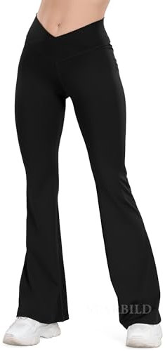 STARBILD Schlaghose Damen Sport Leggings Flared, High Waist Crossover Yogahose Blickdicht für Fitness Gym Alltag, Cross Waisted - Schwarz XL