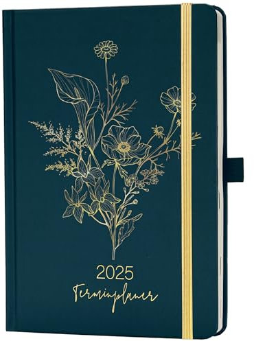 Kalender 2025 - Terminplaner 2025 von Januar 2025 bis Dezember 2025, A5 Wochenplaner 2025 mit Innentasche, Elastischer Verschluss, 21.3 x 14.7cm - Goldene Blume