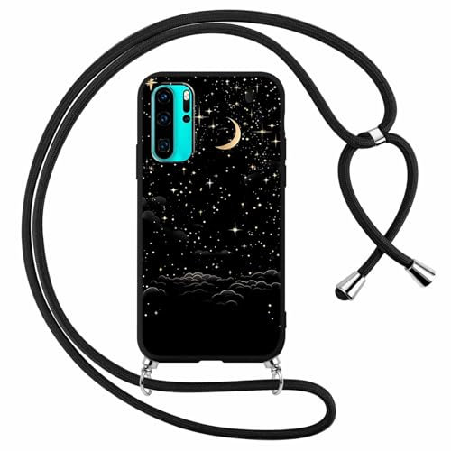 Foonary Coque pour Huawei P30 Pro avec Cordon de Collier, Aesthetic Planète Motif Étui Housse Réglable Lanyard Corde, Souple Silicone TPU Antichoc Protection Case pour P30 Pro 6,47, Lune