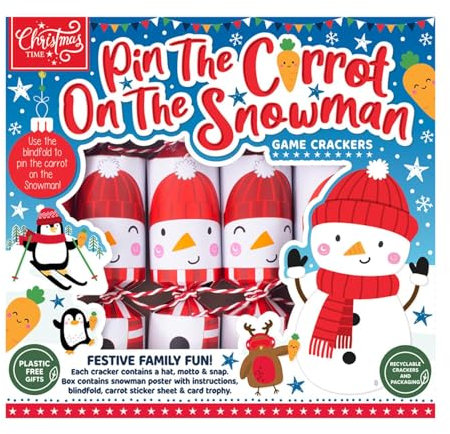 Harvey & Mason Knallbonbons mit 6 Pins, Karotte auf dem Schneemann, Rot und Weiß, Weihnachtsspiel für den Familienspaß