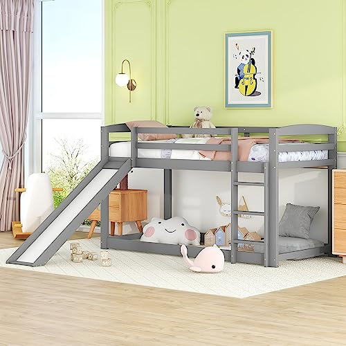 LUTUTU Etagenbett für Kinder und Jugendliche, Kinderbett mit Rutsche, Massivholzrahmen, einfache Montage, 90x200cm (Grau)