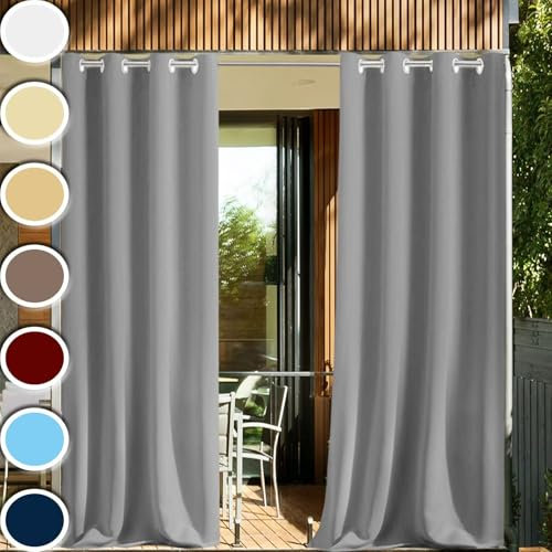 HUAXIQUE Wetterfeste Outdoor Vorhänge Grau Wetterfest Ösen wasserdichte Sonnenschutz Verdunkelungs Balkon Gardinen für terrasse Outdoor draußen Balkon Garten Patio 80x160cm