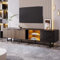 Zepneiy Meuble TV au Design Moderne, Aspect marbre Noir, Porte Grain de Bois foncé, avec éclairage LED orientable et Deux Portes et Deux tiroirs
