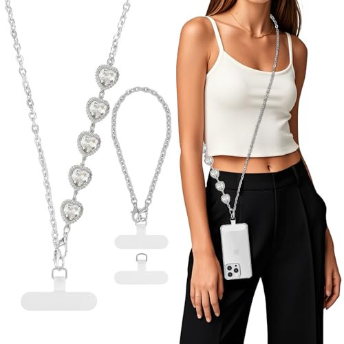 MoKo Handykette Universal, Verstellbar Schlüsselband mit Handschlaufe, Handyband Handy Lanyard für iPhone, Samsung & meisten Smartphones, Handy Umhängeband×1,Handschlaufe×1,Lanyard-Patch×2,Hell Silber