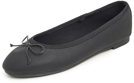 Feversole Women's Fashion Round Toe Ballet Flat Pumps Comfort Bow Tie Dolly Shoes Black Texture Vegan Leather UK 4.5