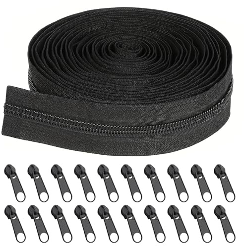 Fhioevt Cerniera Lampo 10 metri in Nylon Zip Cerniere Lampo Nera con 20 Pz cursore cerniera ricambio 5# Cerniere per Cucire Lampo per Giubbotto Abbigliamento Borse Astucci Biancheria da Letto