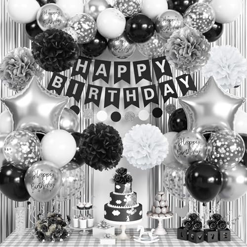 Geburtstagsdeko Schwarz Mann Frauen Deko Geburtstag Schwarz Silber Weiß, Luftballons Geburtstag Schwarze Weiss Happy Birthday Banner Lametta Vorhang Party Deko für Jungen Mädchen Geburtstag Party Deko