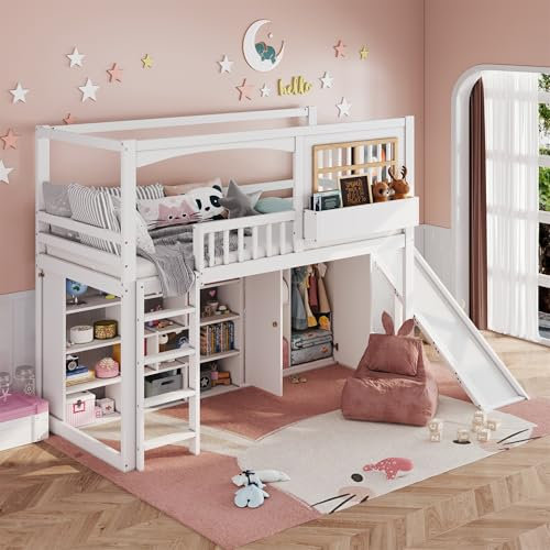 Zravenna Hochbett 90x200cm mit Rutsche und Kleiderschrank, Kinder Etagenbett mit Fallschutzgitter und Lagerregal, Reichlich Stauraum, Mit Leiter (D)