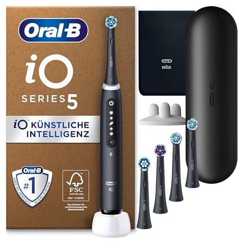Oral-B iO Series 5 Elektrische Zahnbürste Schwarz PLUS Ausgewählte Original Oral-B iO Aufsteckbürsten Schwarz 5x