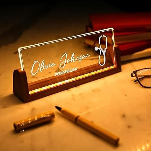 bonibom Custom Pediatrician LED Desk Name Plate – Personalized Acrylic Light-Up Doctor Office Sign with Stethoscope Design – Illuminated Plaque for Clinic, Hospital, or Medical Workspace