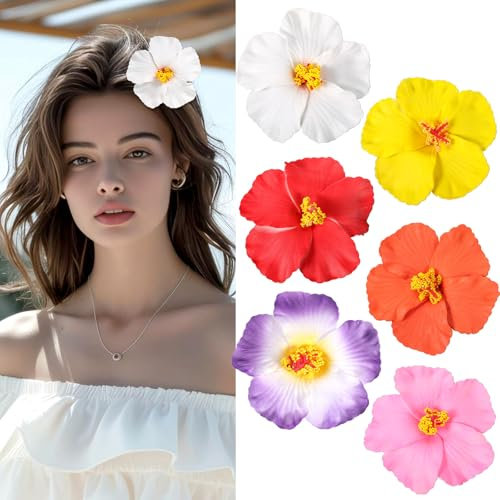 QFGasre 6 Stück Hawaii Haarspange Blume Haarklammer Haarspangen, Plumeria-Hibiskus-Haarspange Blumenclips süße Sommer-Tropenblumen Haar-Accessoires für Urlaub Strandparty