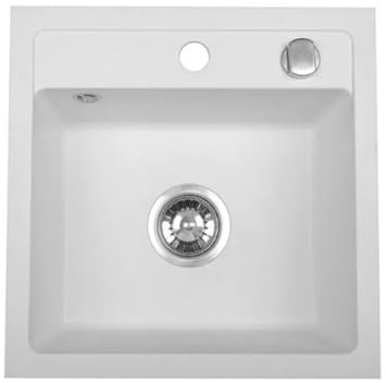 QLS Küchenspüle 44x44 cm mit Automatiksiphon Granit Bella Weiß | Kompakte Lösung für moderne Küchen, kratzfest, hitzebeständig und UV-beständig, mit 2 vorgebohrten Löchern zur Montage