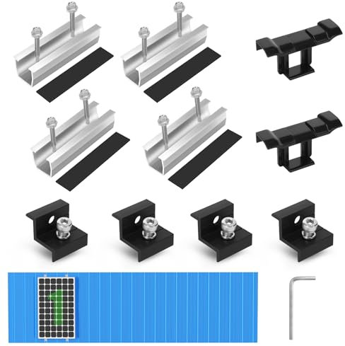 BOSYTRO Kit Fixation Panneau Solaire pour 1 Module, Support Montage PV, Rail 12 CM, Clips de Drainage d'eau 30 MM, Pince Réglable pour Modules de 30 à 35 mm d'épaisseur-Pour toit plat,trapézoïdal