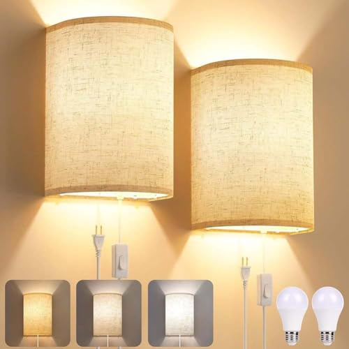 AoLa E27 Wandleuchte Innen mit Schalter und Stecker Retro Stoff Wandlamp mit Kabel 3 Farbtemperaturen Nachttischlampe Up Down Beleuchtung Rustikale für Wohnzimmer Schlafzimmer Flur 2 Stück