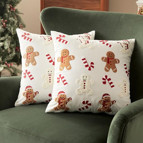 Sonvie Christmas Cushion Covers Set Of 2,Gingerbread&Candy Cane 45x45cm | Soft Decorative Square Throw Pillow Cover (18x18 in), Pillows Cases for Bedroom Sofa Couch Decorations