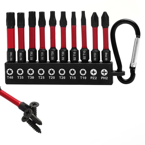 Antirutsch Bit Set 10tlg – Torx Bit Set lang T40/T35/T30/T25/T20/T15/T10 sowie P72 und PH2, magnetische Bits aus S2 Stahl – Rotes Etui mit Karabiner für Akkuschrauber und Bohrmaschinen