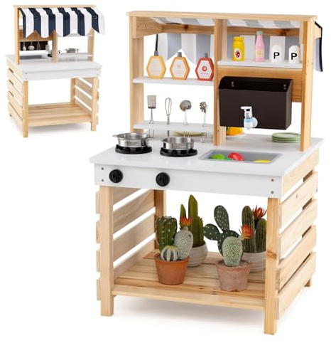 FANTASK Kinder Schlammküche, Matschküche Outdoor aus Tannenholz mit Dach & 6 Zubehör, Kinderküche mit abnehmbarem Waschbecken & Wassertank & Herd, Outdoorküche für Kinder ab 3 Jahren (Natur)