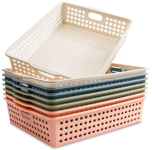 Seuqhck 8 Pack Paper Organizer Baskets Trays, 14 Inch Colorful Plastic Storage Baskets Stackable Organizer Bins with Handles, for Pencil, Arts, Crafts, Shelf Classroom Book Library Office