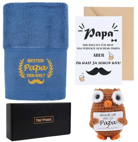 Seutgjie Bester Papa Geschenke, Geschenke für Papa zum Geburtstag Vatertag mit Gehäkelte Eule und Grußkarte Handtuch Personalisiert 73 x 34 cm Grau-Blauen