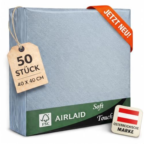 EV® Airlaid Servietten - 50 Stück, Babyblau (40 x 40 cm) - Stoffähnlich | Stilvolle Tischdeko - Einfarbig, Saugstark & Elegant - Ideal für Hochzeit, Geburtstage & Feste