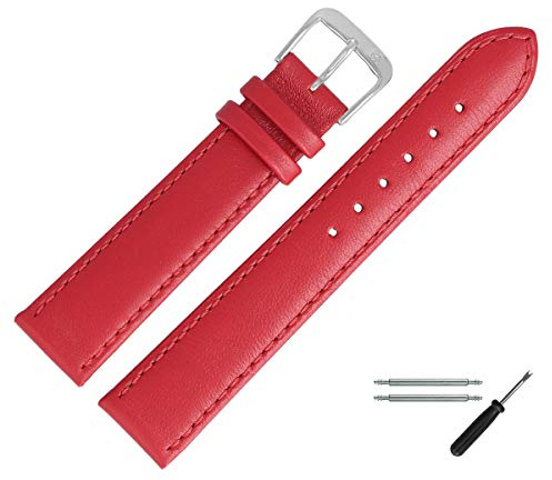MARBURGER Uhrenarmband 14mm Leder Rot Silber Glatt Mit Naht - Montage Set 8071440000120