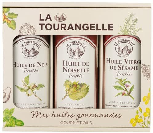 La Tourangelle - Coffret 3 huiles aux fruits secs - Huiles de noix, noisette, sésame - Saveur toastée - Idée cadeau - Huiles premiums - 3x250ml