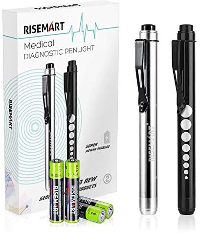 RISEMART 2PCS Pen Torch Light Reusable LED Penlight with Pupil Gauge for Nurses Doctors with Pocket Clip Included 4 * AAA Batteries (Black and Silver)