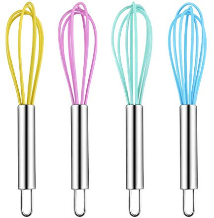 Newbested Lot de 4 mini fouets colorés en silicone avec poignées en acier inoxydable pour mélanger le lait, les œufs, fouetter et battre, Accessoires Cuisine (4 couleurs, 15,2 cm)