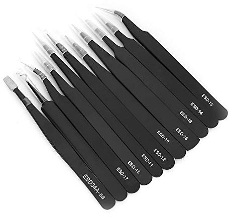 11 pcs Brucelles Précision Pince À Épiler Ensemble En Acier Inoxydable Anti Statique Droit et Ebow Précision ESD Pince À Épiler Avec Sac De Rangement(Tweezers Canvas Bag Set)