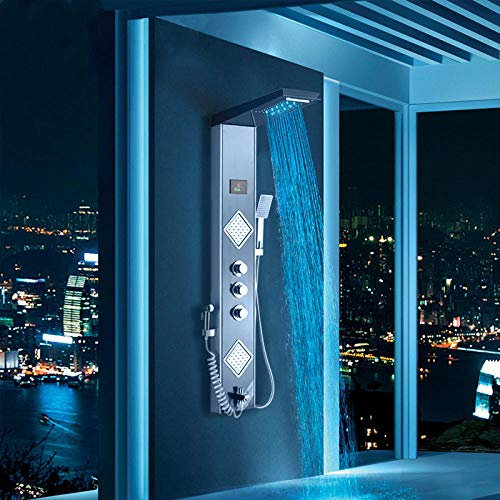 Panneau de douche LED noir gris - Colonne de pluie - Tête de douche - Écran numérique TEMP - 3 poignées - Pour bidet