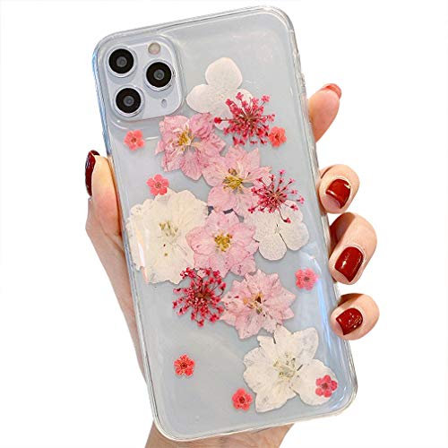 Tybiky iPhone 7 Plus Hülle HandyHülle Blumen Getrocknete Blume Sparkly Glitter Weiche Silikon TPU Stoßfeste Ewige Blume Echte Blumen Case Cover für iPhone 8 Plus, Rosa Weiß Safflower