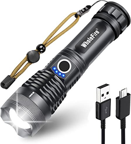 Linterna LED Potente 10000 Lúmenes de Alta Potencia Súper Brillante Impermeable Linterna USB Recargable con Batería con Zoom para Camping, Senderismo, Actividades al Aire Libre
