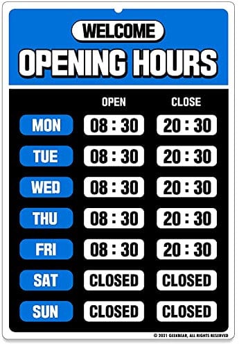 GEEKBEAR Cartello orario lavorativo (blu) – Cartello orario di apertura - Cartello orario di negozio – Cartello orario di apertura per le attività – Cartello aperto con orari