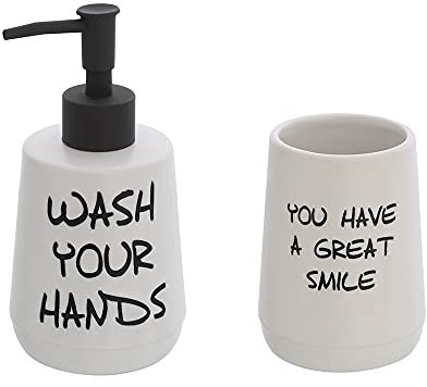 Inbagno Set Dispenser Sapone Liquido e portaspazzolino in Ceramica Bianca con Stampe a Contrasto Moderno