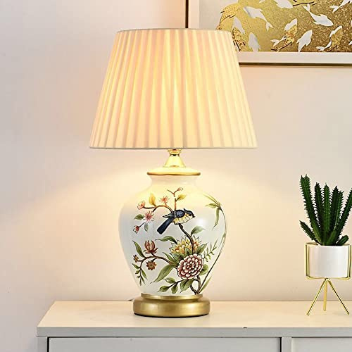 Mengjay Lampada da tavolo salotto lampada Vintage,Ceramica Lampada da scrivania,Luce da Scrivania in Tessuto Bianco,E27 Lampada comodino per camera da letto, studio, comodino, scrivania (Bianco)