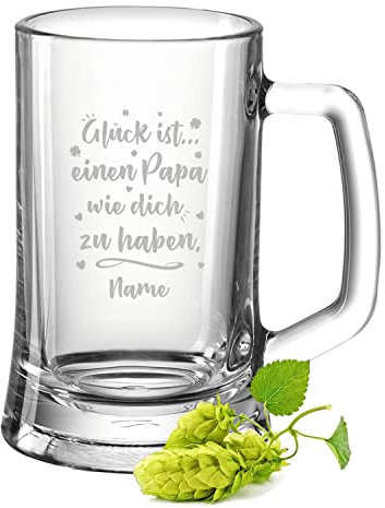 GRAVURZEILE Bierkrug mit Gravur - Glück ist einen Papa wie dich zu haben - Personalisiert mit Namen - Geschenk für Männer - Geschenke für Papa zum Vatertag Geburtstag zu Weihnachten - Größe: 0,3 L