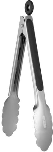 U-Taste Pinzas de cocina de acero inoxidable de 23 cm, resistentes al calor, con puntas de metal resistentes de una pieza, mango antideslizante recubierto de silicona y cierre suave (Negro)