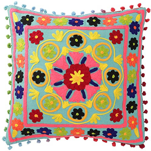 GURU SHOP Boho Kissenhülle, Farbenfrohes Besticktes Folklore Kissen im Mexikanischem Style - Ocean/pink, Baumwolle, 40x40 cm
