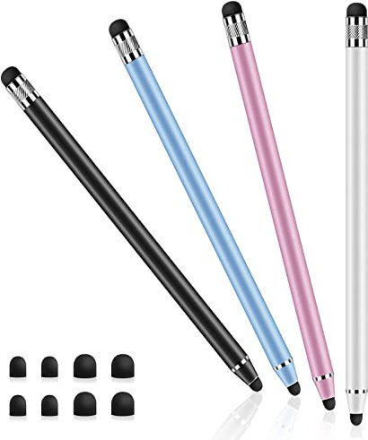 4 Pièces Stylet Tablette Universel pour Écran Tactile, Stylet Tactile Capacitif 2 en 1 pour Smartphones, Tablettes, Samsung Galaxy,iPad avec 8 Embouts de Rechange (Argent+Noir+Rose+Bleu)