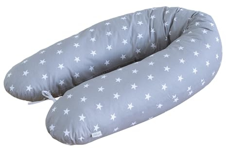 Stillkissen M/L - 170 cm mit abnehmbarem Bezug aus 100% Baumwolle - Schwangerschaftskissen, Seitenschläferkissen & Lagerungskissen mit leiser FillBall-Füllung, in Europa gefertigt (Sterne Grau)