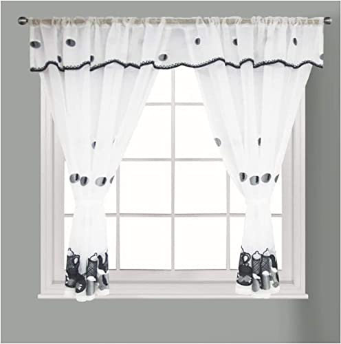 Householdfurnishing Embroidered Kitchen Window Pair Curtains Set Rod Pocket with Attached Valance & Tiebacks (Black White, W 48 x L 48 Inch)