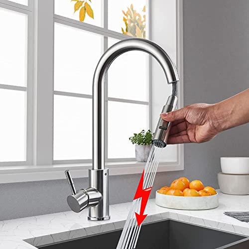 Niederdruck Wasserhahn Küche Edelstahl Küchenarmatur Mischbatterie mit Brause Ausziehbar Hochdruck 360° Schwenkbar Spültischarmatur Küche Zwei Strahlarten Wasserstrahlarten Wasserhahn…