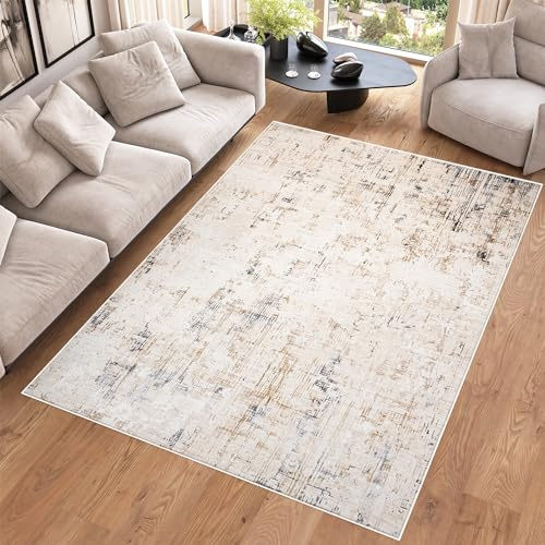 TAPISO Hera Teppich Kurzflor Glänzend Beige Creme Grau Abstrakt Flecken Verwischt Meliert 3D Effekt Wohnzimmer Schlafzimmer Modern Design ÖKO-TEX 140 x 200 cm