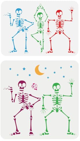 FINGERINSPIRE 2 Stück Tanzende Skelett Schädel Schablone 2 Größen Wiederverwendbar Skelett Tänzer Muster Zeichenvorlage Totenkopf Mit Stern Mond Dekor Schablone Zum Malen Auf Holz Wand Stoff Papier